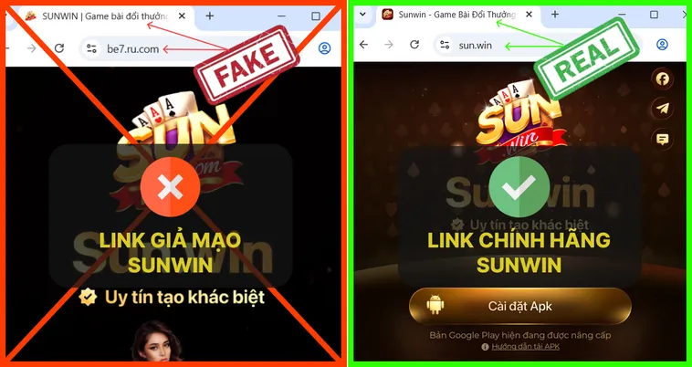 Chữ “SUN.win” trên logo thật rõ ràng, font chữ đồng bộ, trong khi logo giả thường sai font hoặc thêm ký tự lạ.